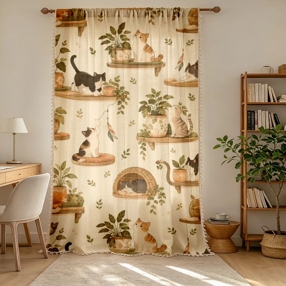 1PC Cartoon Tassel Sheer Curtains, Cute Cat Plant Pot Shelf Botanical, Digital Print, Polyester, Bedroom Living Room Home Decor