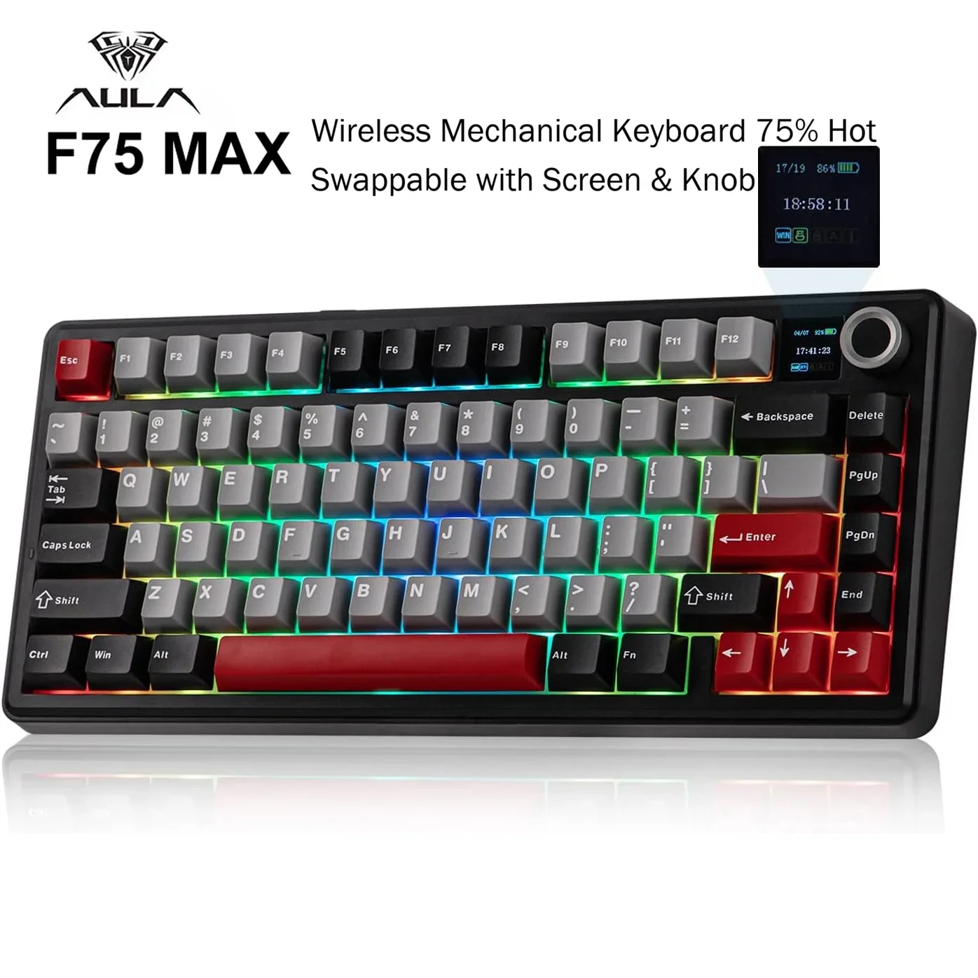 AULA F75 MAX Wireless Mechanical Keyboard 75% Hot Swappable with Screen & Knob Gaming Keyboard with Creamy Gasket RGB Backlits