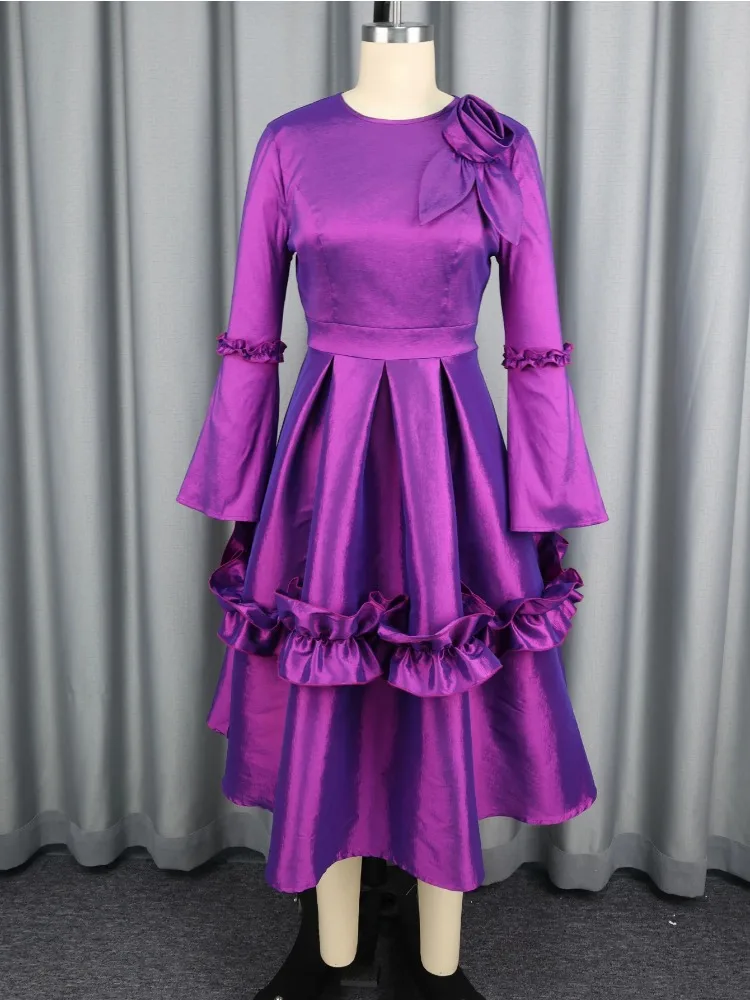 Eleganti abiti a linea A da donna con scollo a O, maniche lunghe svasate, volant a fiori 3D, midi, perfetti per matrimoni, feste ed eventi speciali