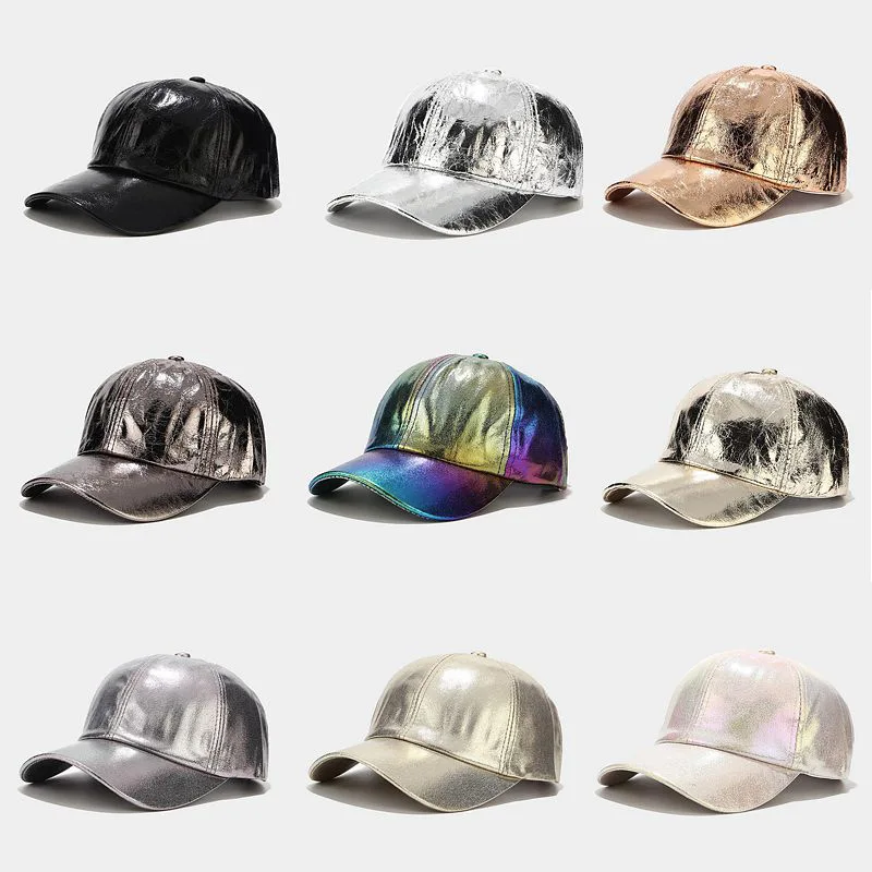 INS Trendy Wrinkled PU Leather Baseball Cap Colorful Laser Reflective Unisex Street Hip Hop Fashion Duckbill Hat for Stage & Hi