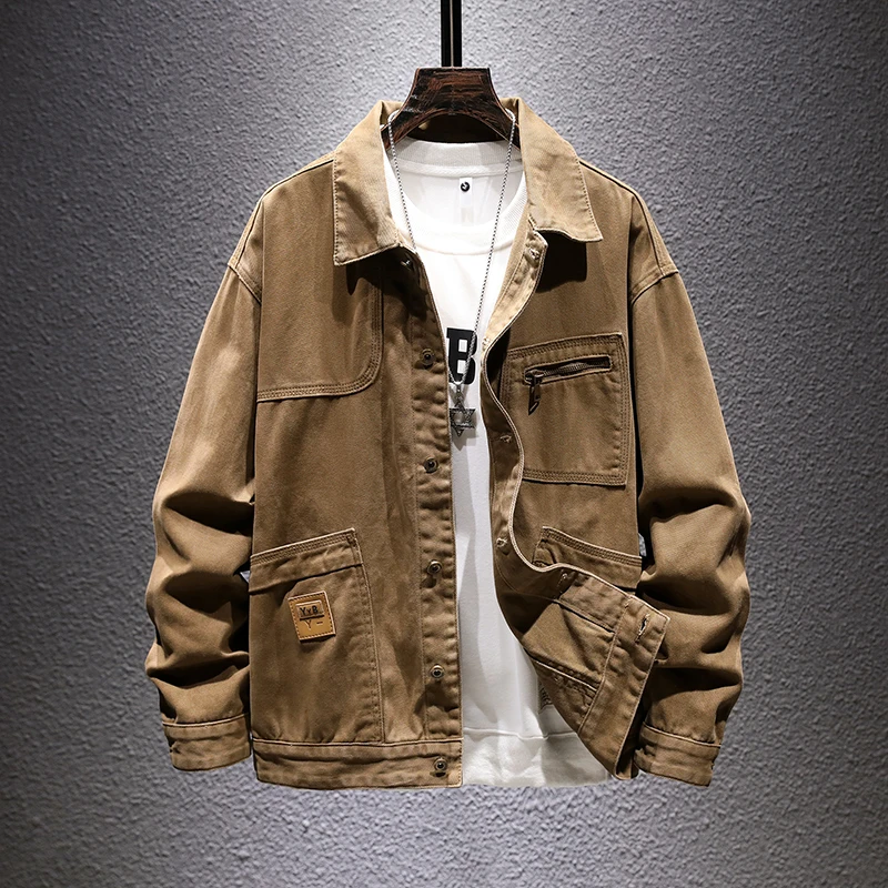 Men's Rugged Safari Jacket Vintage Washed Cotton Field Coat Asymmetrical Pockets Loose Casual Work Outerwear for Spring Fall