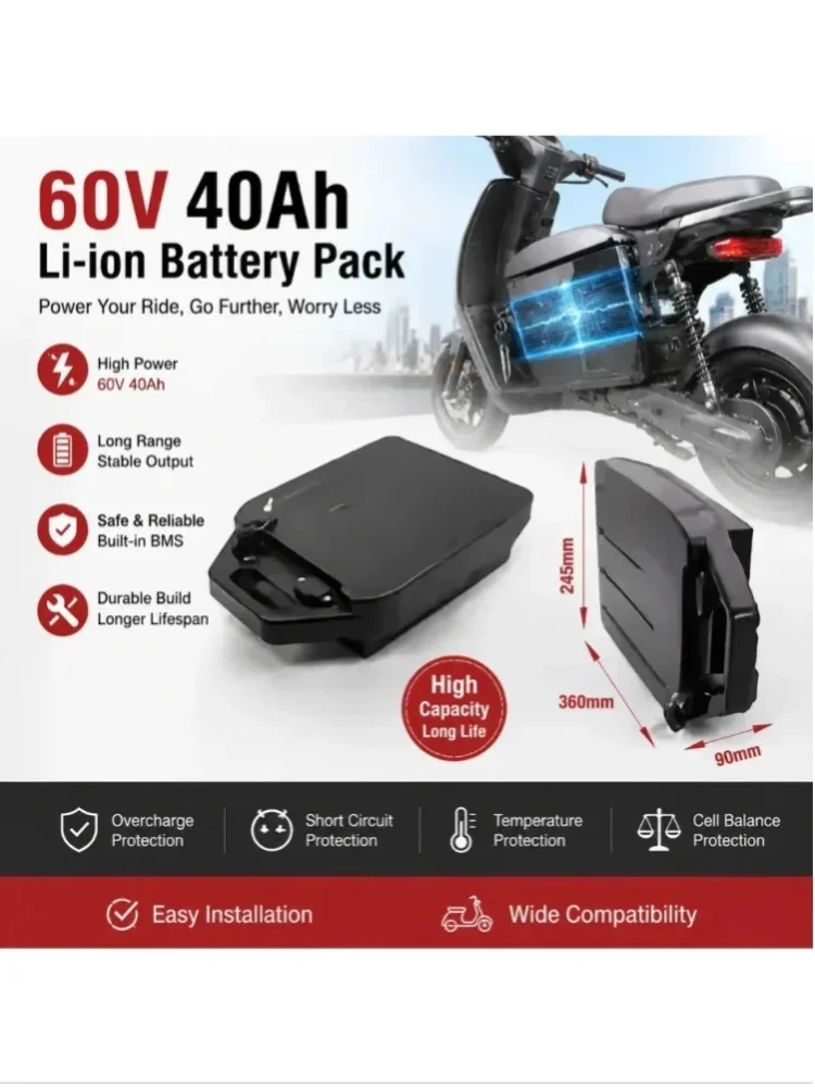60-V-40-Ah-Lithium-Ionen-Akku für Elektromotorräder, leistungsstarker Akku für 2000-W-Motoren, geeignet für faltbare Citycoco-Elektroscooter im Harley-Stil, wird mit einem passenden Ladegerät