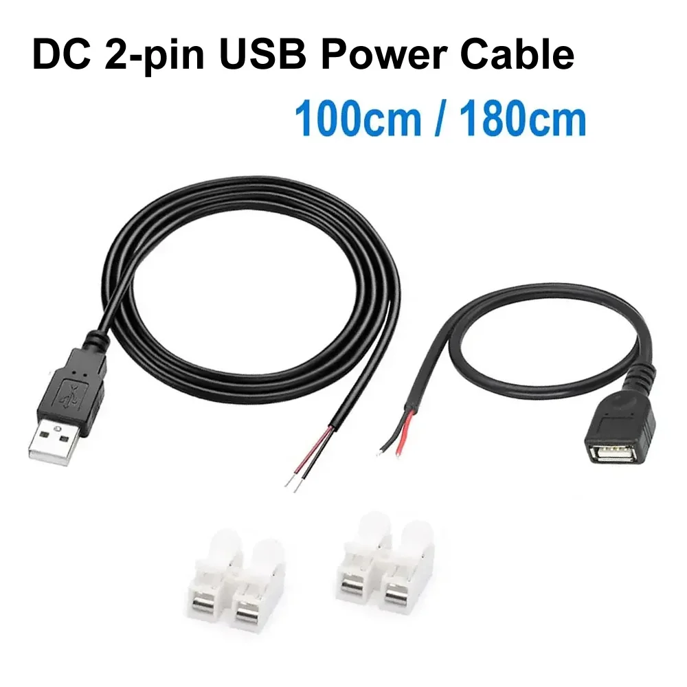 DC 2-pin USB Power Cable USB Male Female to 2 Pin Bare Wire Charge Cord Connector for DIY 5V/LED Desk Lamp/USB Fan/LED Strips