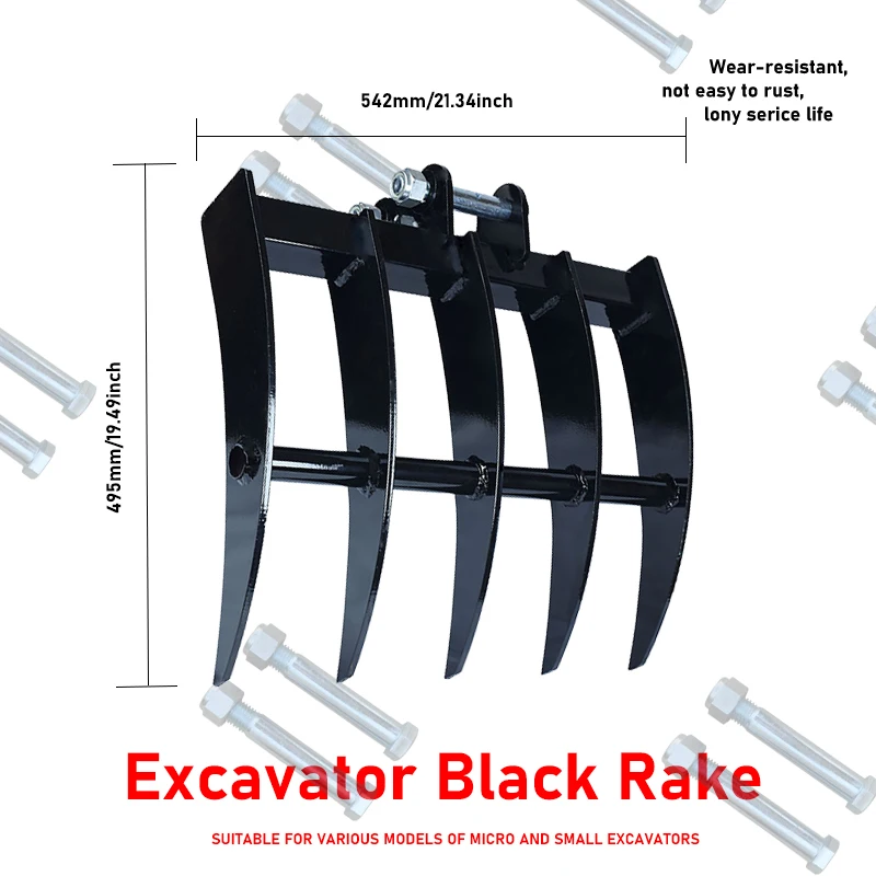 Mini Excavator Rake Black Steel Five-tooth Rake Land Shredder Excavator Accessory Suitable For 0.8-3 Ton Excavator Free Shipping