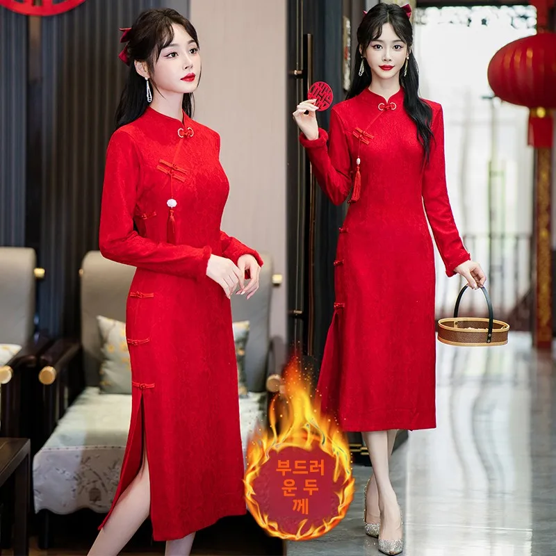 プラスサイズ-冬用-赤色-裏地付き-シエンデッド-チャイナドレス-ドクター・ヤング-スレ-ウェディングドレス-宴会スーツ-暖かい-ロングスリーブ-ミディスカート