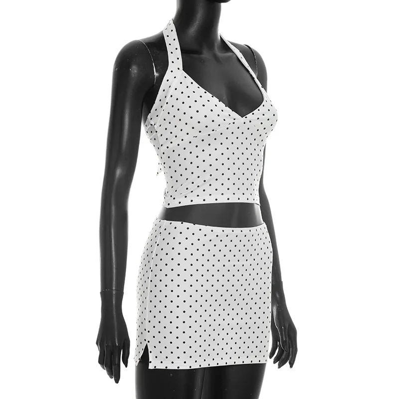 spicy girl polka print neck hanging top+half skirt two piece set women