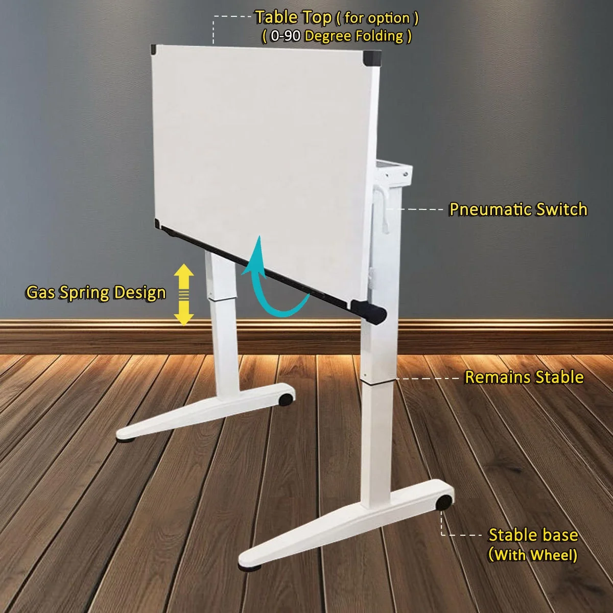 Modern two-legged standing desk frame height adjustable pneumatic air lift home office furniture foldable mechanism metal