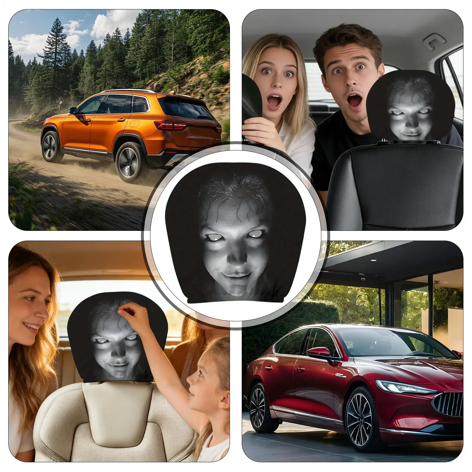 2D Flat Halloween Horror Face Printing Car Headrest Cover Universal Elastic Car Seat Headrest Cover Dustproof Protective Sleeve