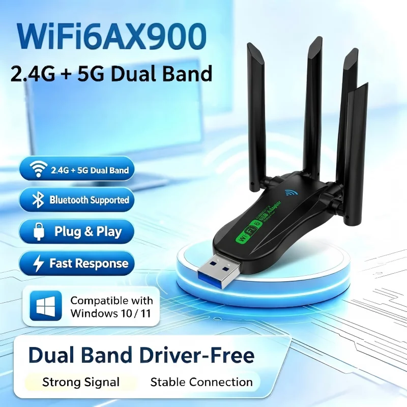 USB WiFi 6 & Bluetooth 5.4 Combo Adapter, 2.4G + 5G Dual Band Wireless Network Adapter, Network Accessory for Desktop & Laptop