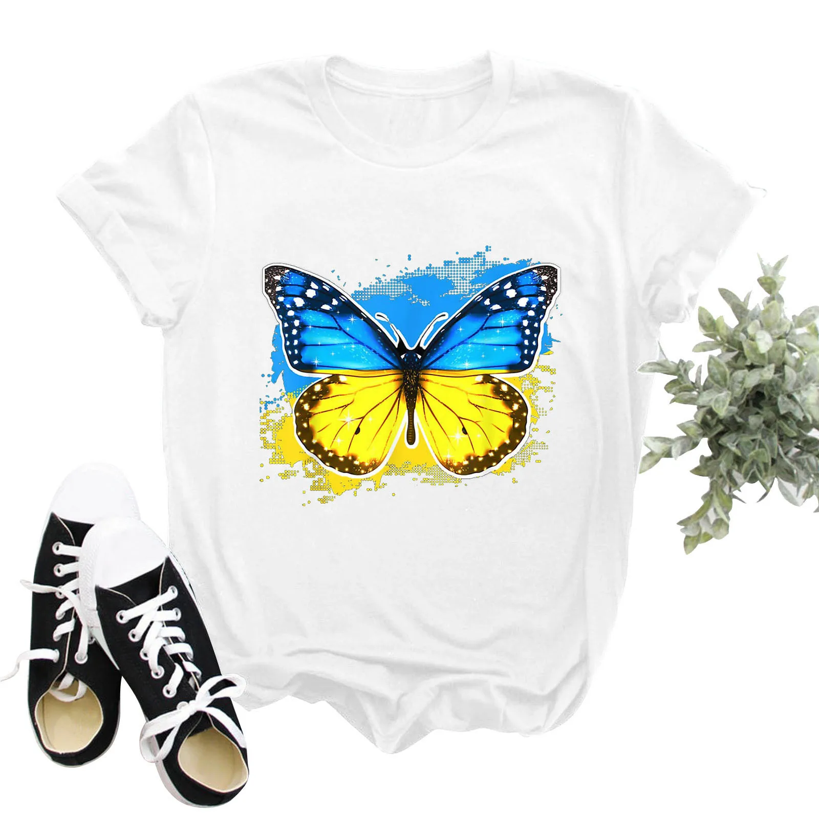 Cotton 100% Women's Short-sleeved Explosive Butterfly Print Round Neck T-shirt Tops  Harajuku  Women Clothes  Oversized T Shirt