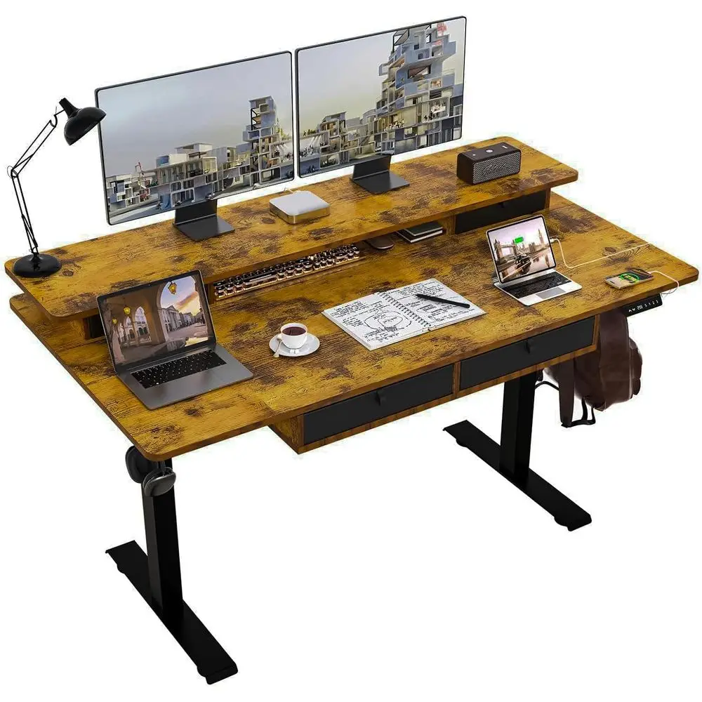 

Adjustable Height Electric Desk 63x30, 4 Desks, Double Shelf, Rustic Brown Home Office Sit-Stand