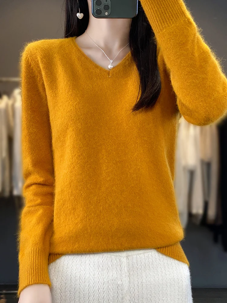 2024 New Women Basic V-neck Pullover Sweater 100% Mink Cashmere Long Sleeve Cashmere Knitwear Autumn Winter Female Clothing Tops