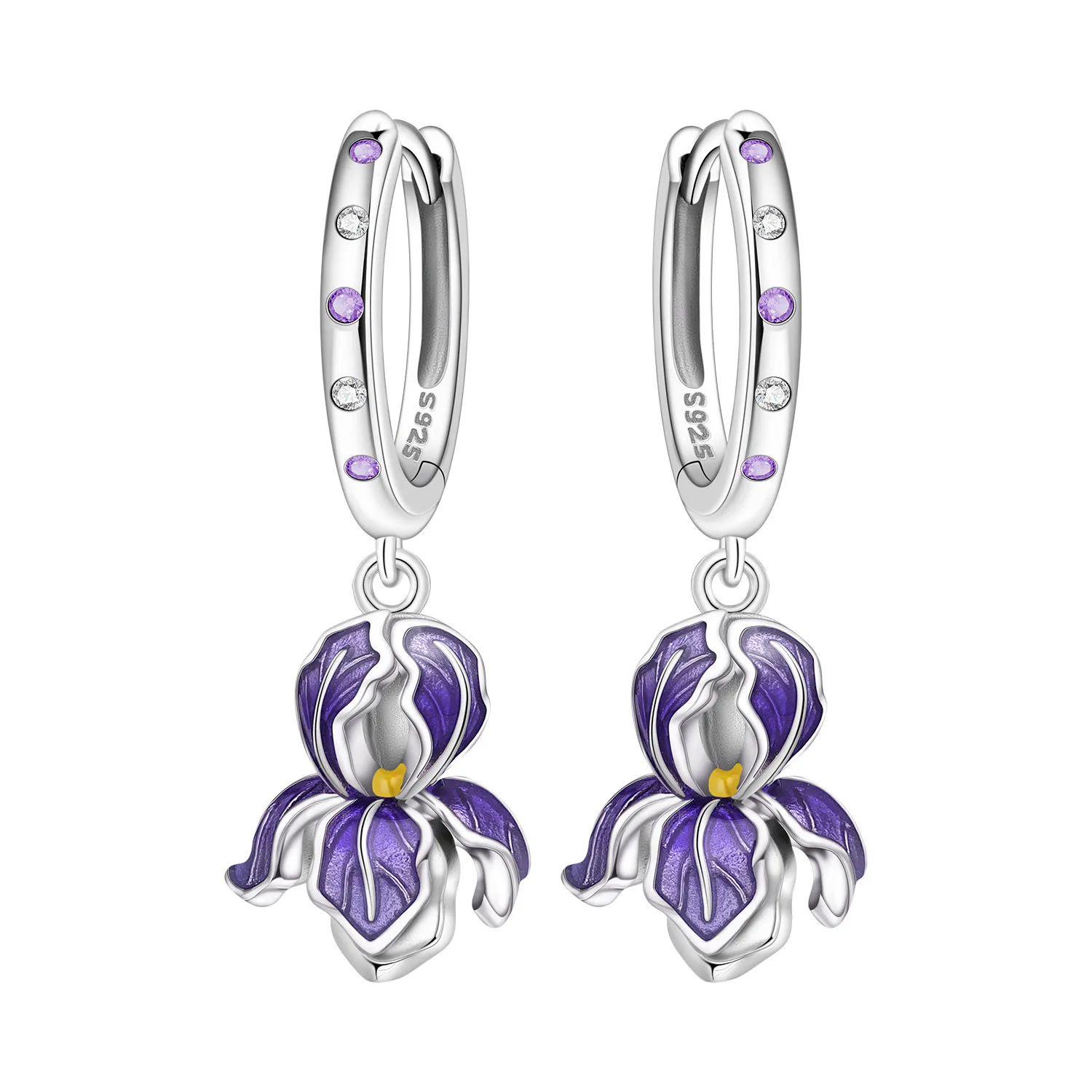 PANPOKI 925 Sterling Silber Lila Irisblüten-Tropfenohrringe Damenohrringe Charm Mode Vielseitiger Partyschmuck Geschenke