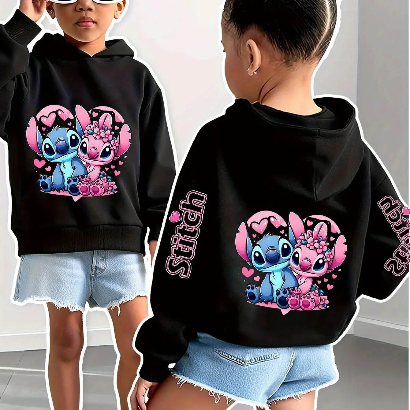 هوديي ديزني ستيتش للفتيات والفتيان للخريف والشتاء كاجوال بأكمام مطبوعة على الوجهين للأطفال للخريف والشتاء