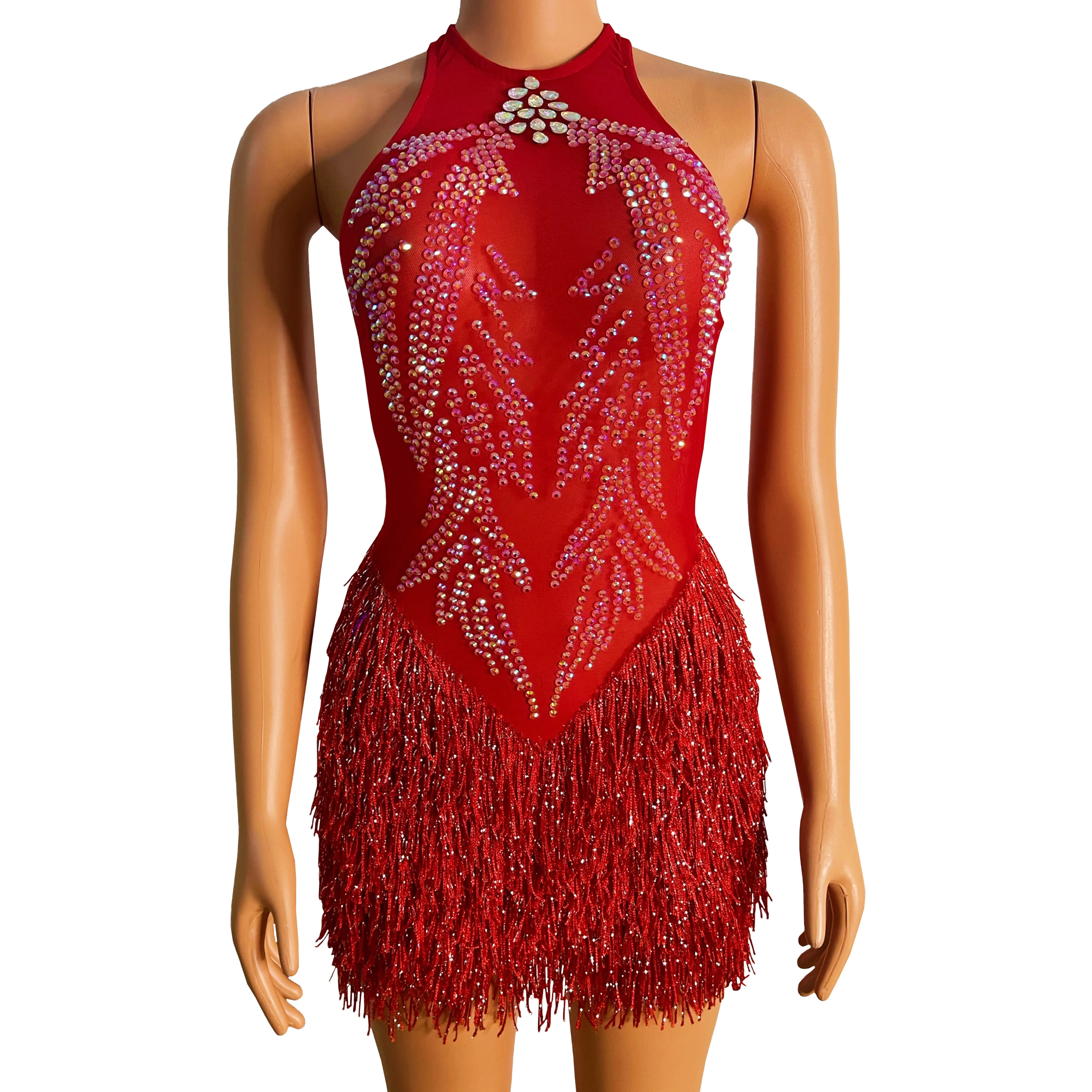 

Sexy Backless Red Crystal Tassel Halter Bodycon Mini Dress for Club Party Nightclub Stage Wear Singer Performance Fringe Costume