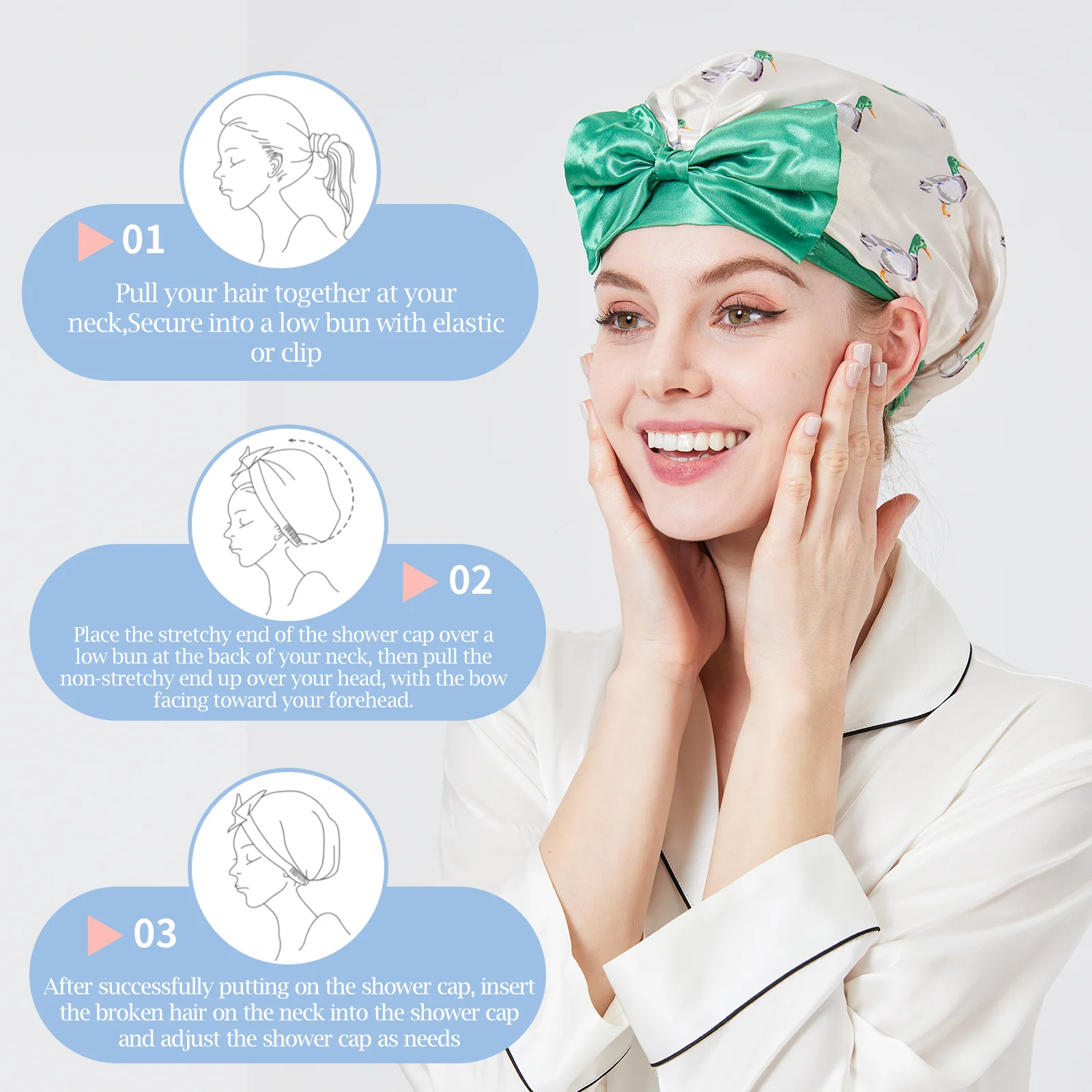Gorro de satén para dormir con diseño de pato de cerámica de Londres, gorro de seda, accesorios para el cabello para baño, gorro de ducha dandy, gorro de cuidado personal, gorro de sauna