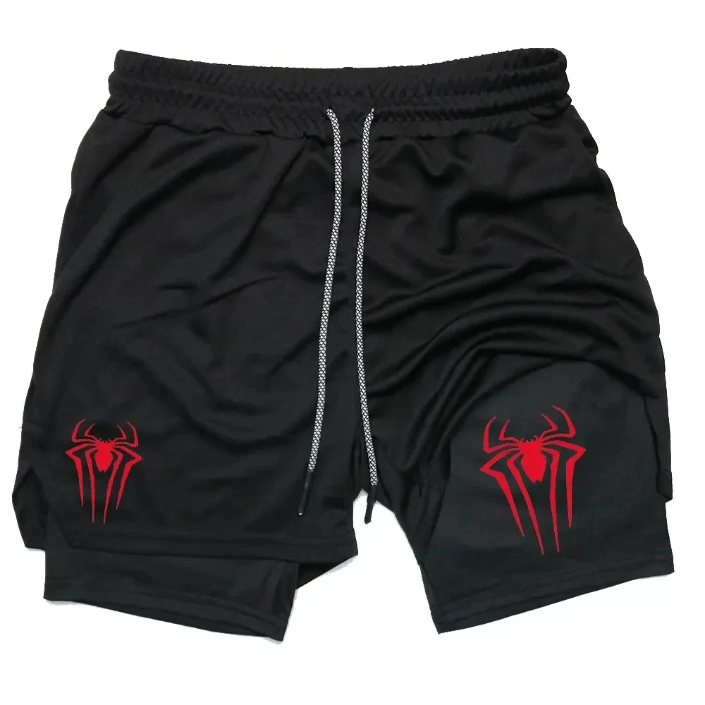 

2 In 1 Performance Shorts Men Spider Printed Casual Sports Compression Shorts Workout Running Mesh Sport Short Pants