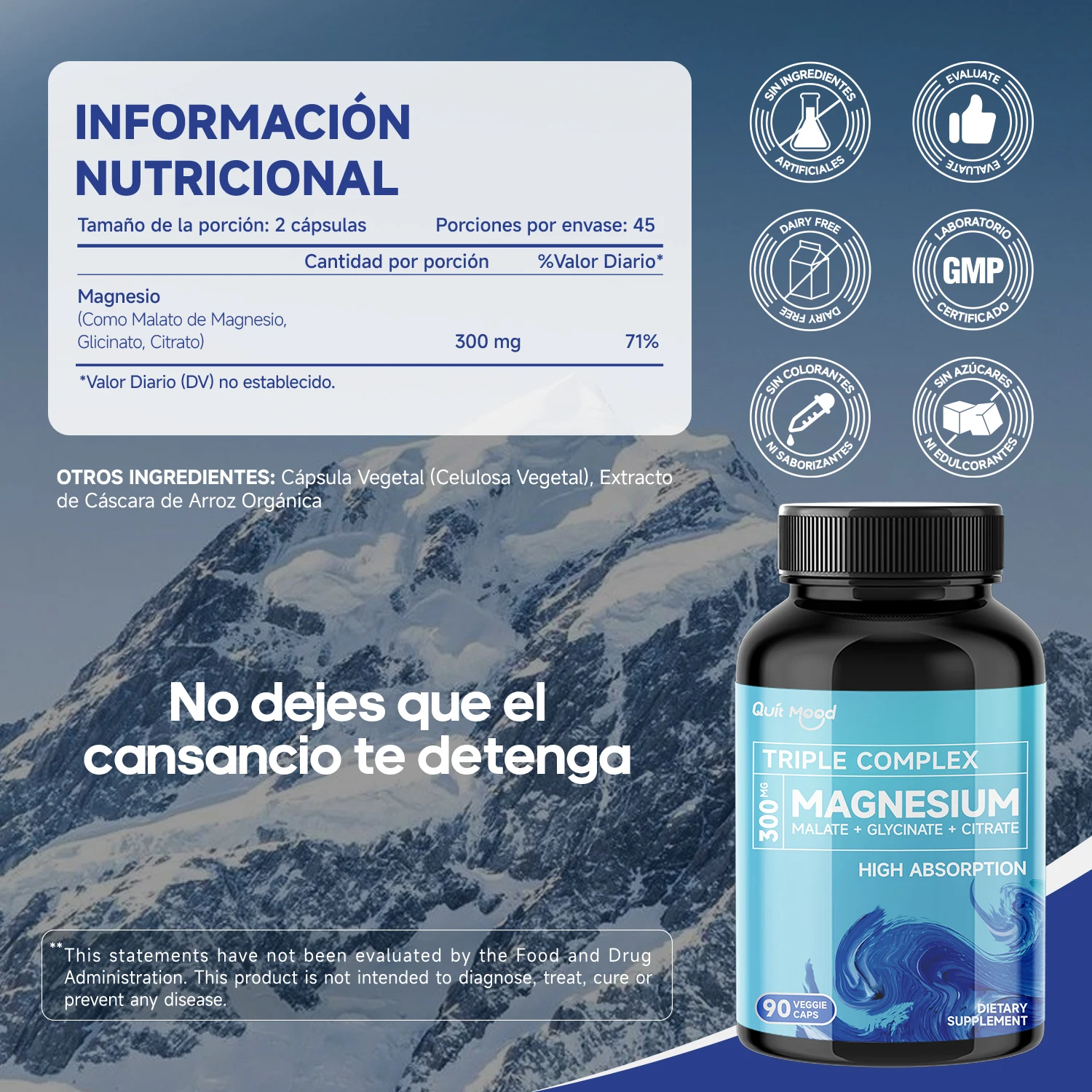 Quitmood Triple Magnesium Complex - 300Mg Glycinate+Malate+Citrate Mg - دعم العضلات والأعصاب والطاقة - امتصاص عالي