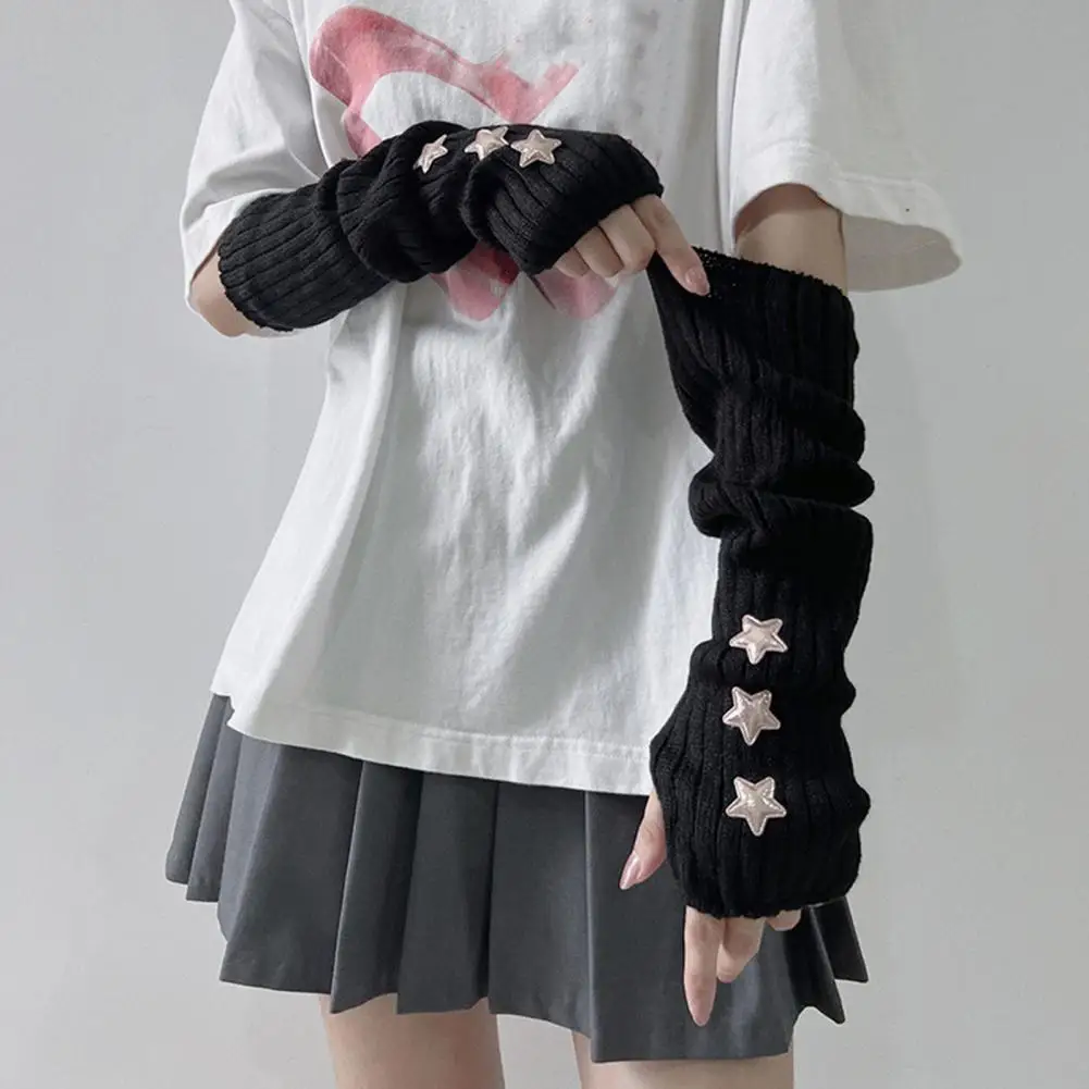 Fingerless Mittens Women Knitted Gloves Lolita Style Knitted Star Patchwork Cool Girl JK Party Arm Sleeves Warm Arm Covers