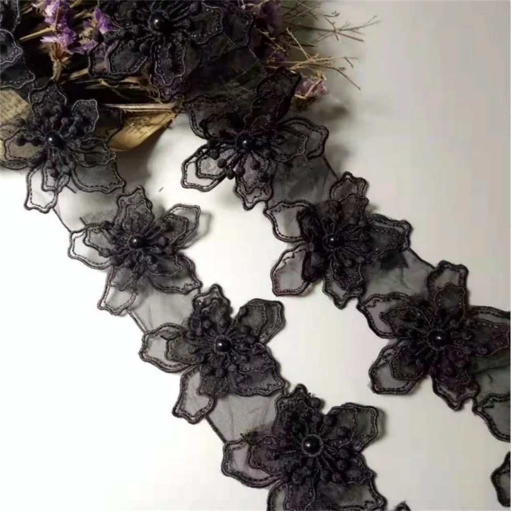 1 yards Black 8cm Pearl Flower Embroidered Lace  Trim Ribbon Floral Applique Fabric Patches DIY Wedding Dress Sewing Craft