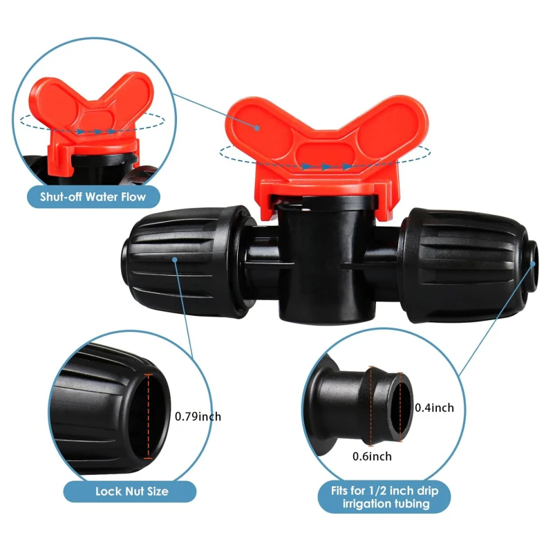 

Drip Switch Valve For 1/2" Drip Irrigation Tubing 16mm Barbed Locked Nut Connectors Cut Off Water Flow Shut Off Valve Fittings