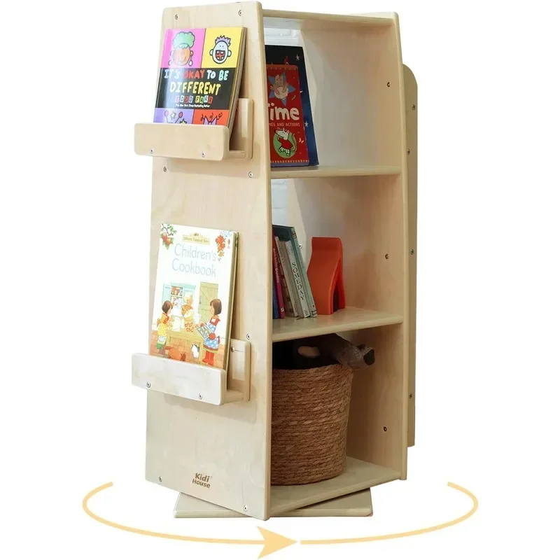 Rotating Bookcase Storage Organizer Wooden Display  Floor Standing Bookshelves Open Design Storage Rack for Kids