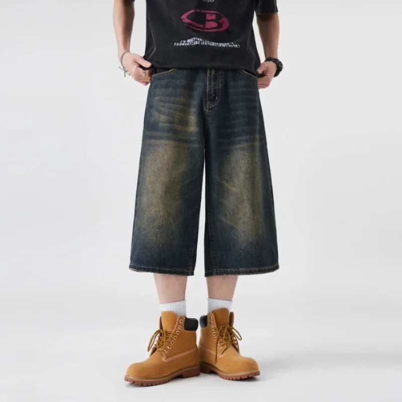 

Summer Men's Vintage Street Style Denim Shorts, Korean Style, Loose Straight-cut Jeans, Casual and Personalized, Loose Shorts