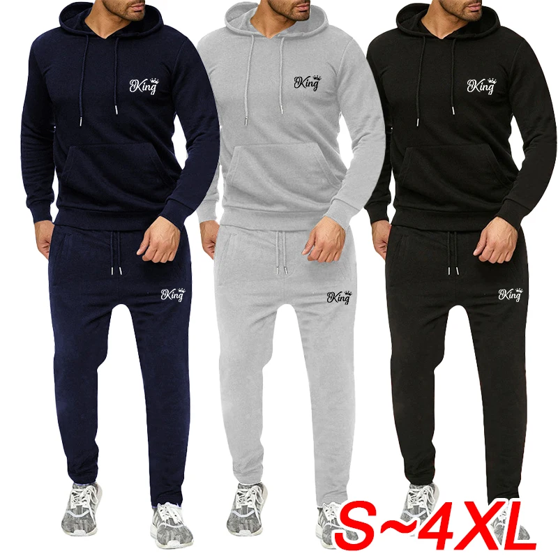 Men\'s sportswear set warm autumn and winter printed hoodie top and sports pants 2-piece casual outdoor sports jogging suit