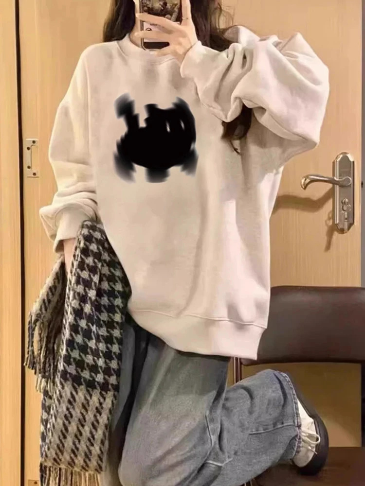 Thiened Fce sweat à capuche femme longue Sve rond Ne sweat mi-long surdimensionné américain Sle Faionable haut d'hiver