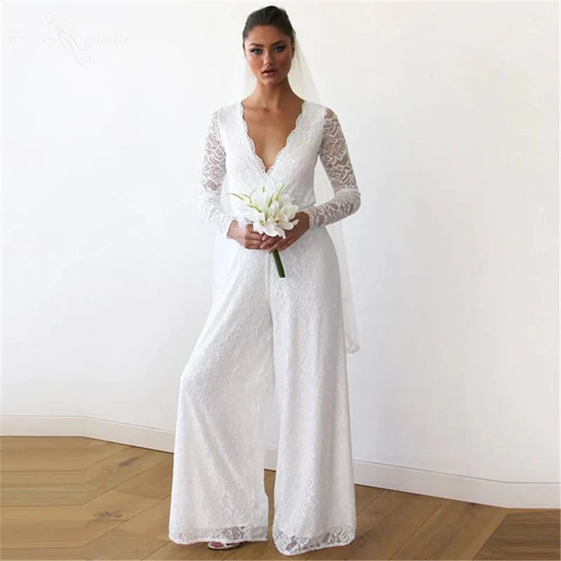 Maniche lunghe tuta da sposa abiti da sposa guaina scollo a v pizzo Boho abito da sposa tuta da sposa Vestidos De Novia