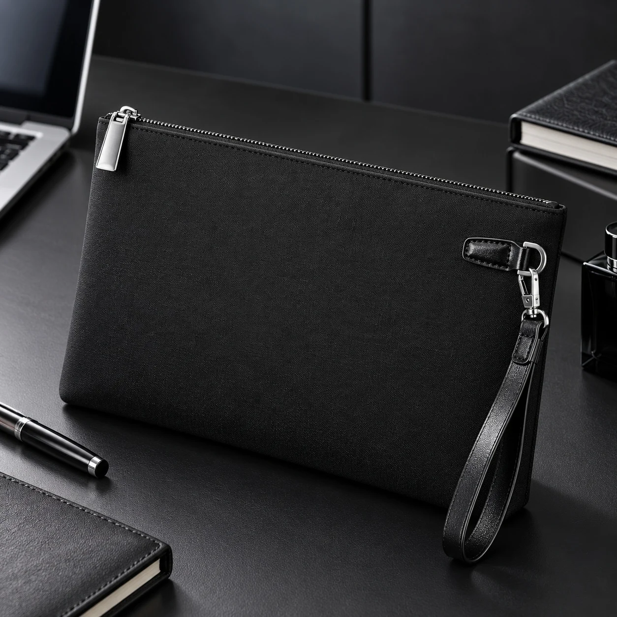 Herren-Clutch aus Kunstleder, große Handtasche mit Reißverschluss und abnehmbarem Trageriemen, geeignet für Geschäftsreisen, zum Aufbewahren von Telefon und Dokumenten. – Detail 1