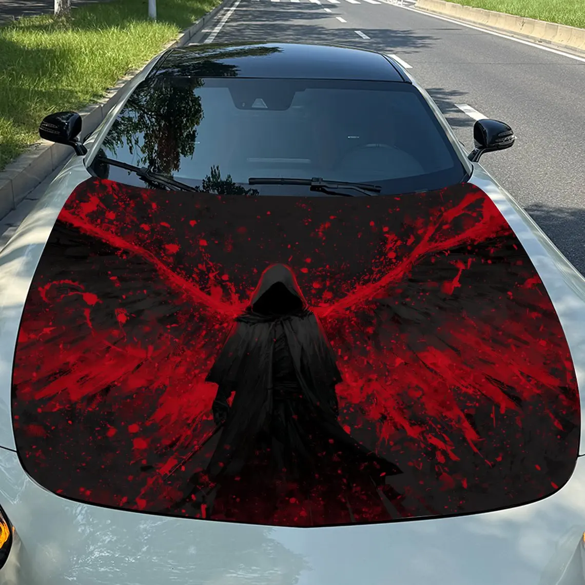 Calcomanía de vinilo Death Reaper con sangre roja y alas negras, envoltura para capó de coche, pegatina duradera para capó Exterior automotriz de PVC con Vibra