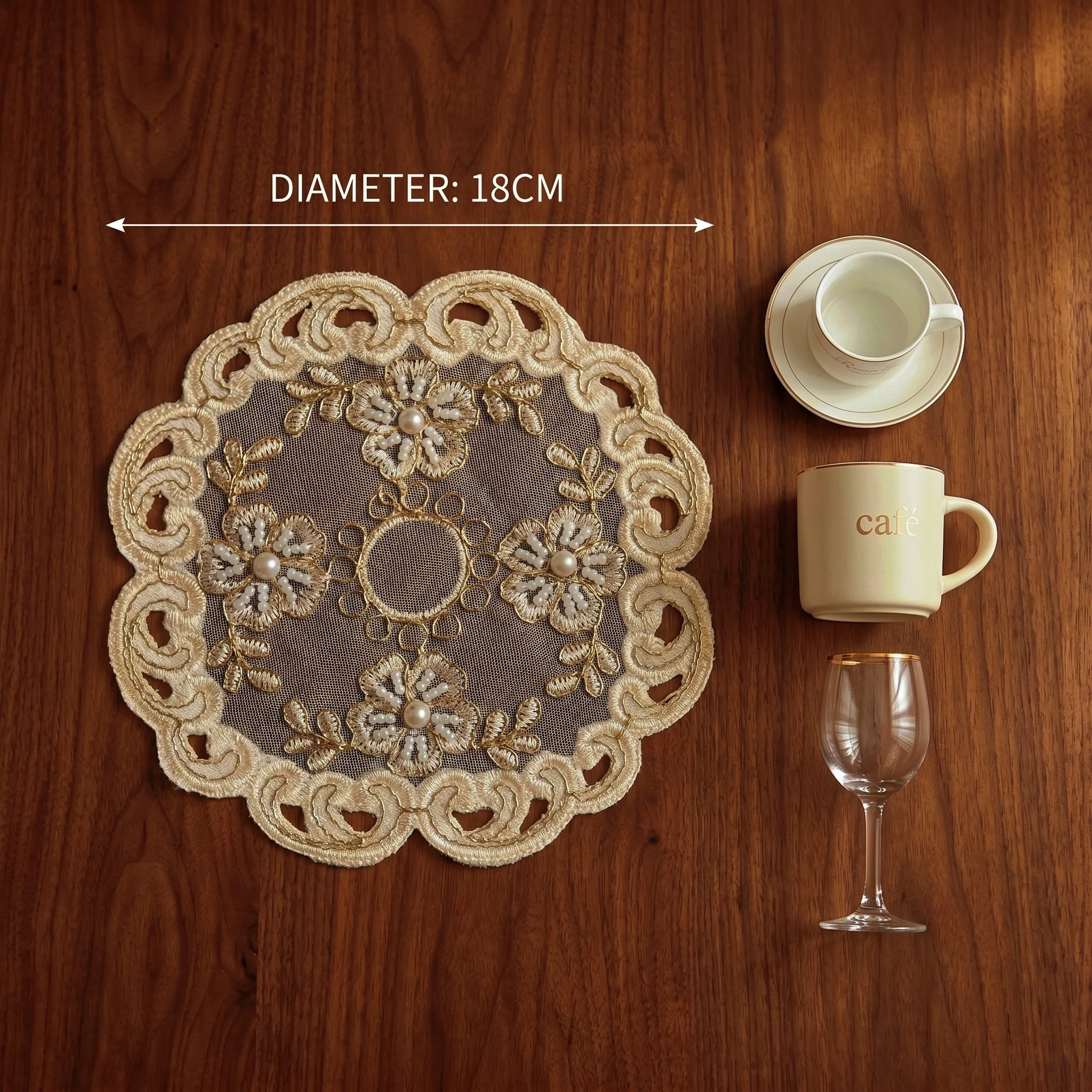 4pcs Luxury Coasters Set Round Embroidery Ceramic Coasters Beige Lace Wedding Placemats Modern Home Decor Tea Party Decor - view 2