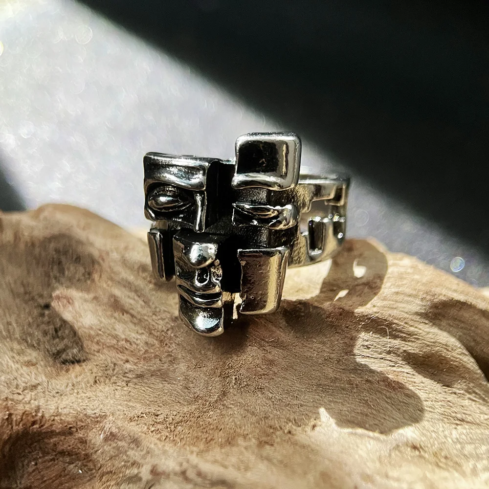 Men's Retro Silver Punk Gothic Face Ring, Statement