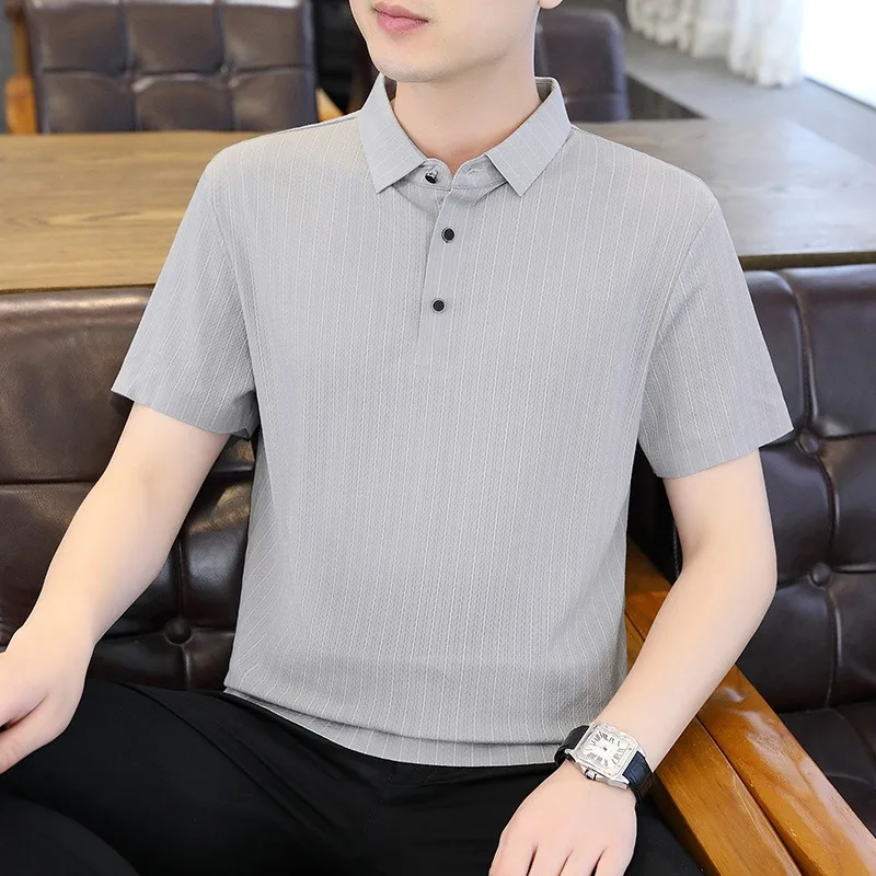 Summer Casual Polo Shirt Men Perming Free Ice Silk Casual Lapel Short Sleeve T-shirt Social Party Streetwear Tee Men Clothing