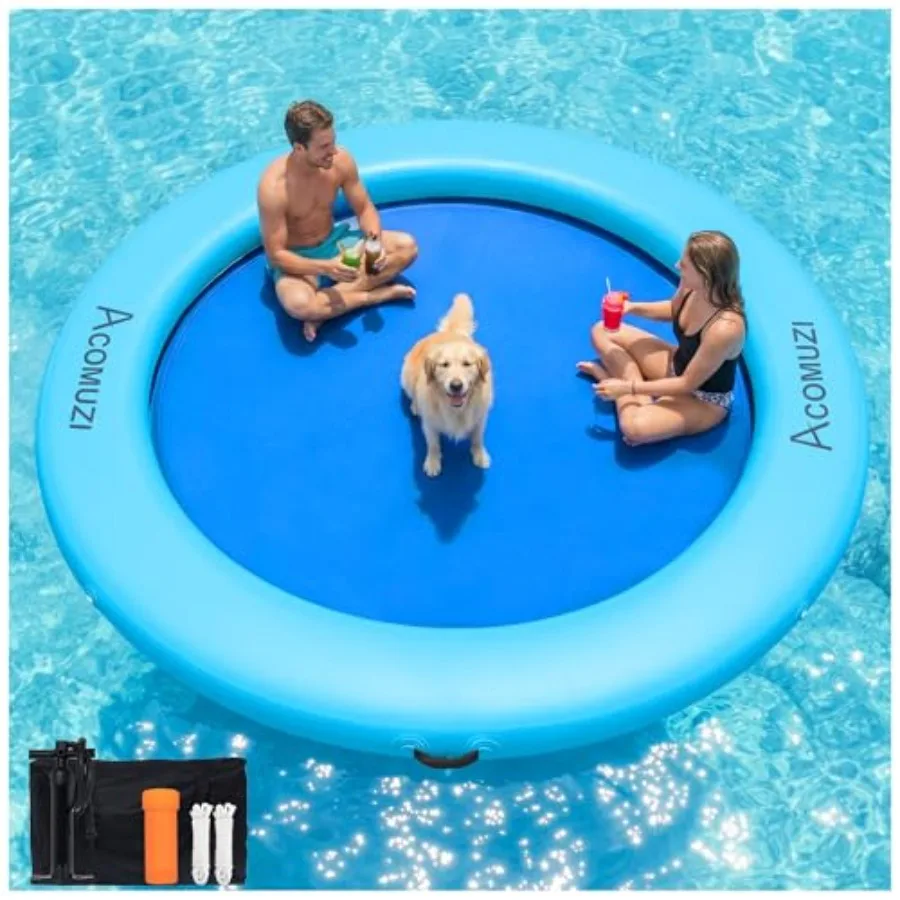 

Water Hammock Inflatable Floating Dock for lakes and oceans, heavy-duty PVC material, blue color, ultra-stable round design wit