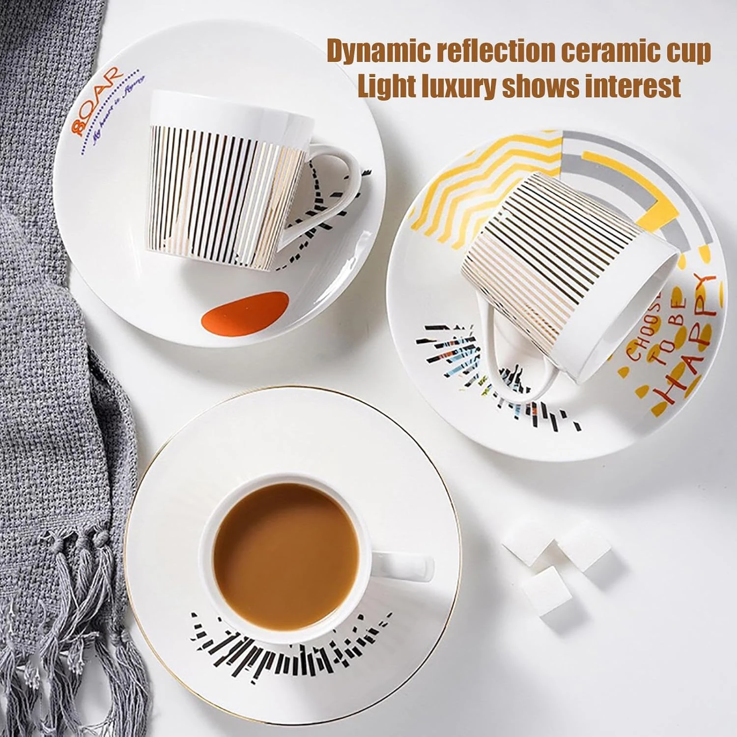 Dynamic Reflection 8.5oz Tea Cups and Saucers Set - Ceramic Coffee Cups, Perfect for Coffee, Milk, Tea, Juice - Unique Dynamic H