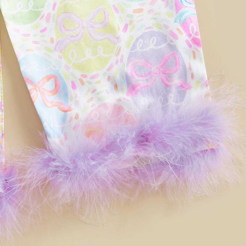 Ensemble pyjama deux pièces pour enfants filles, imprimé œufs de pâques, Patchwork de fourrure, chemises à manches longues, hauts avec pantalons, vêtements de nuit