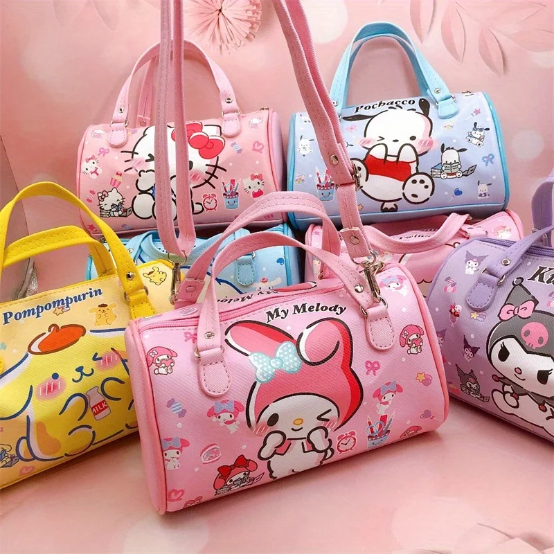 Kawaii Cartoon Graphic Barrel Bag - Waterproof PU Leather Round Crossbody Tote with Portable Design Ideal for Girls\' Travel