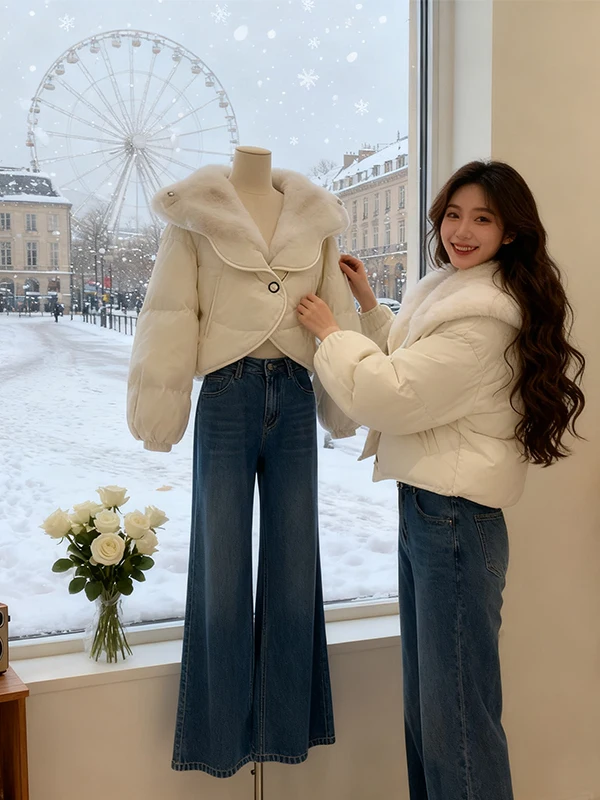 

White ort Cotton Jaet Women's Winter New Sle Fur Collar Design Versatile Warm Cotton Clothes Small Faionable