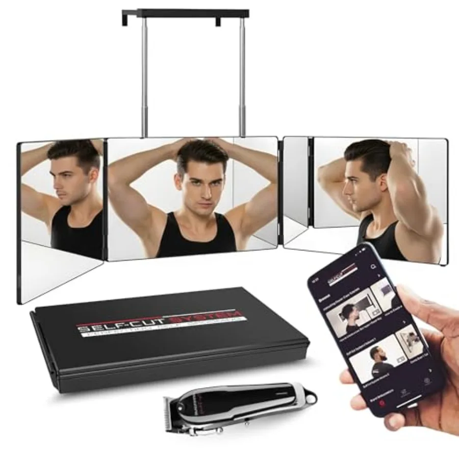 

Беспроводная машинка для стрижки волос с системой самостоятельной стрижки и 3-сторонним регулируемым зеркалом, складная конструкция, черный цвет, идеально подходит для самостоятельной стрижки в путешествиях