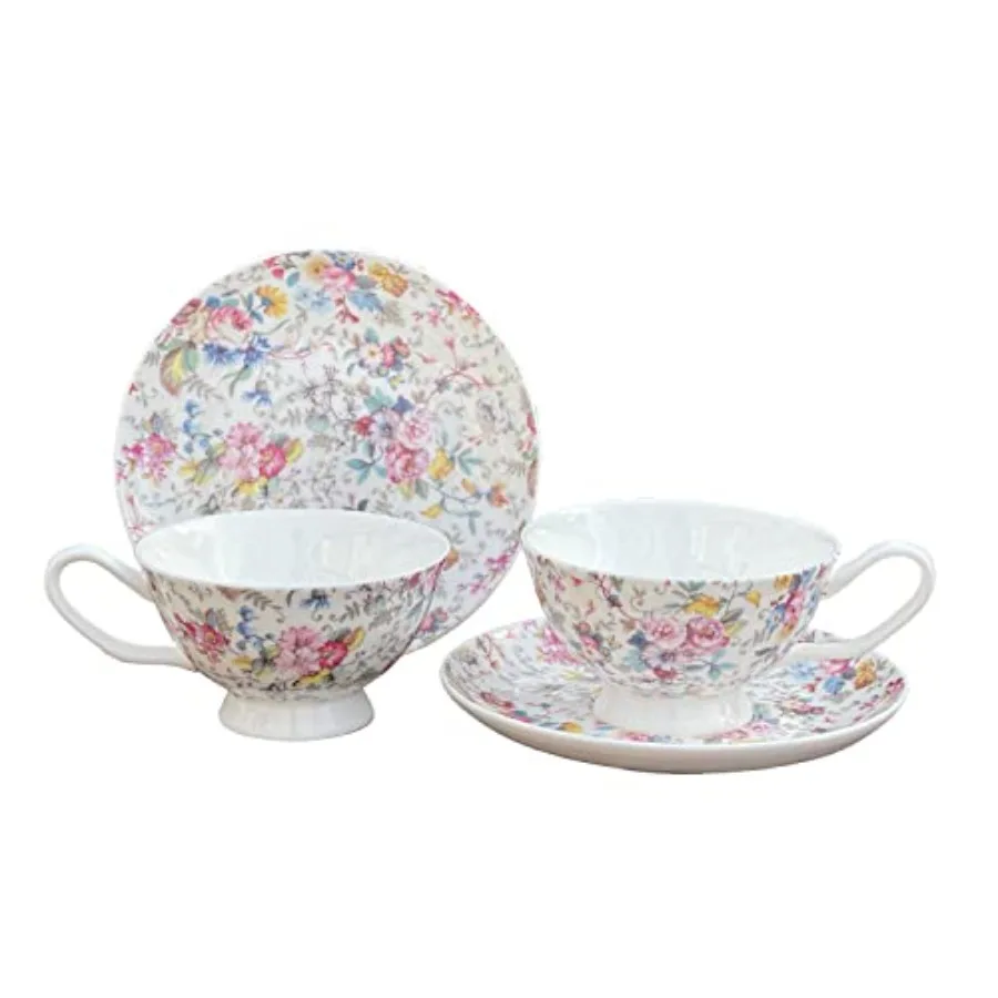 

Набор из 2 чашек для чая и блюдец Gracie Bone China White Petite Rose, 8 унций, разноцветные