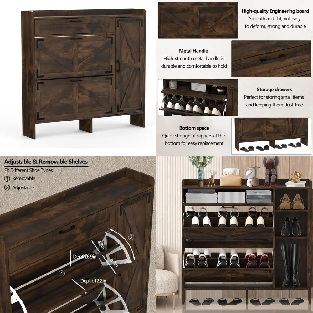

Adjustable Shoe Storage Cabinet with Flip Drawers for Entryway, Freestanding Shoe Rack with Hidden Side Cabinet, Space-Saving Sh