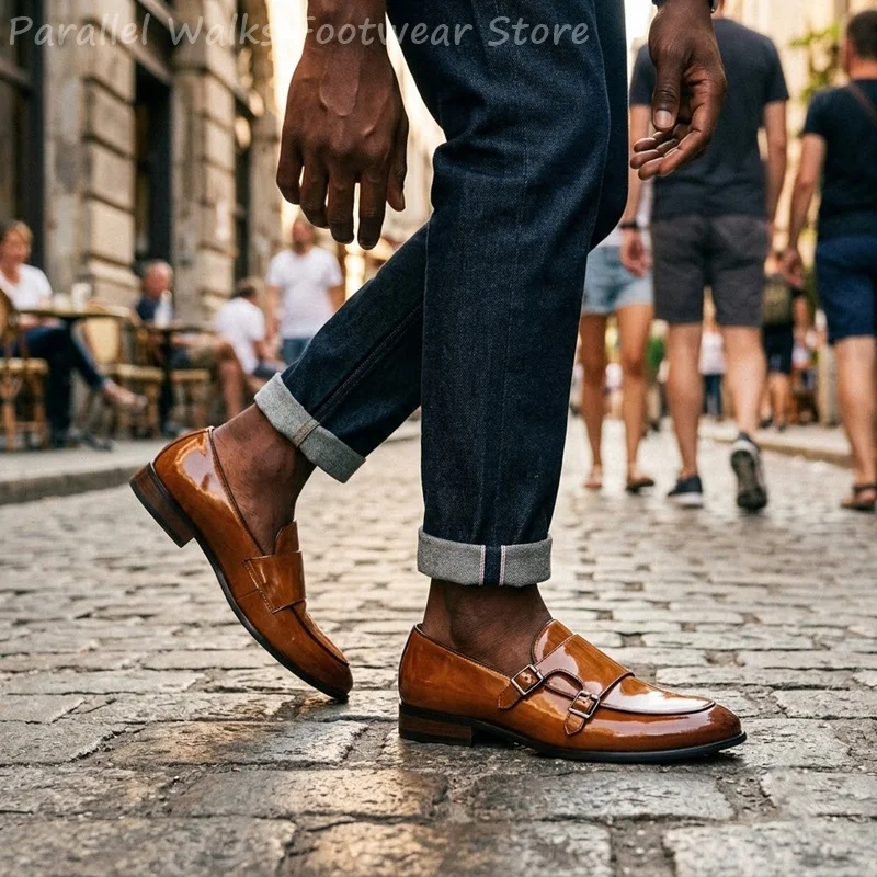 Men Double Buckle Loafers Vintage Slip On Dress Shoes Classic Formal Oxfords Business Casual Office Party Footwear Shoes For Men view 2