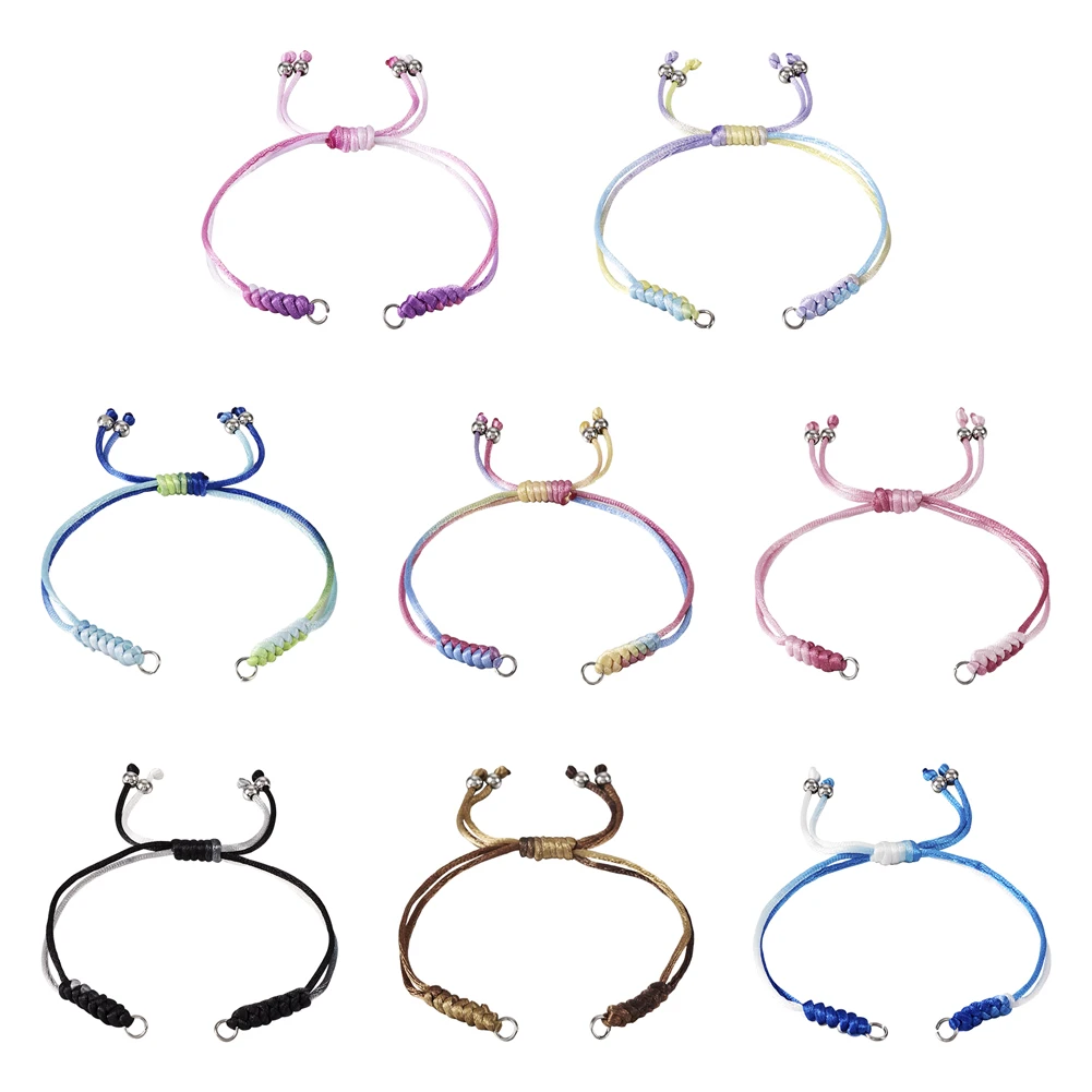 8Pcs Gradient Color Adjustable Braided Segment Dyed Nylon Bracelet with Beads for Link Bracelet DIY Jewelry Making 21.5~24.3cm