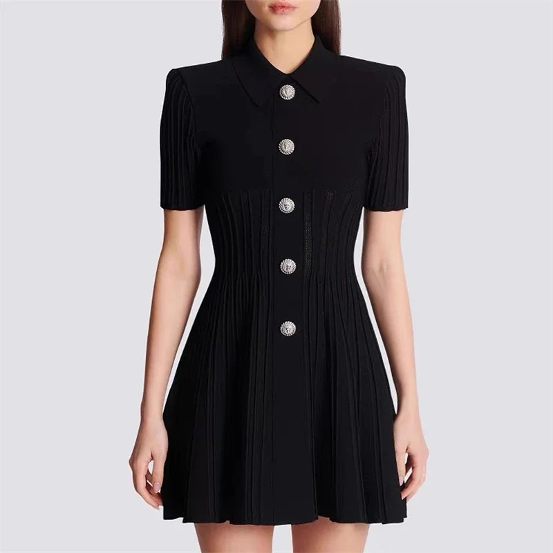 

Classic Luxury B New Women's Dresses Lapel Beaded Button Tops Short-sleeved High Quality Fashion Vintage A-line Knitted Skirt