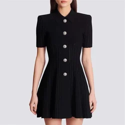 Classic Luxury B New Women's Dresses Lapel Beaded Button Tops Short-sleeved High Quality Fashion Vintage A-line Knitted Skirt