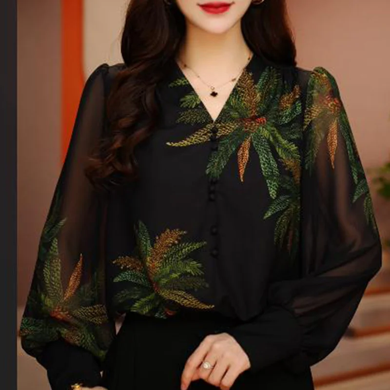 2024 New Summer KPOP Fashion Style Oversized Sexy Retro Office Lady Blouse Embroidery Print Long Sleeve Y2K V Neck Women\'s Top