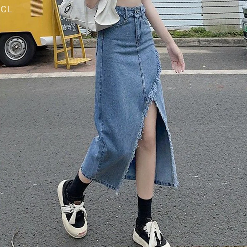 

Ins Style Shui Wash Blue Простота разделенная джинсовая юбка для женщин Новая весенне-летняя корейская версия джинсовой юбки