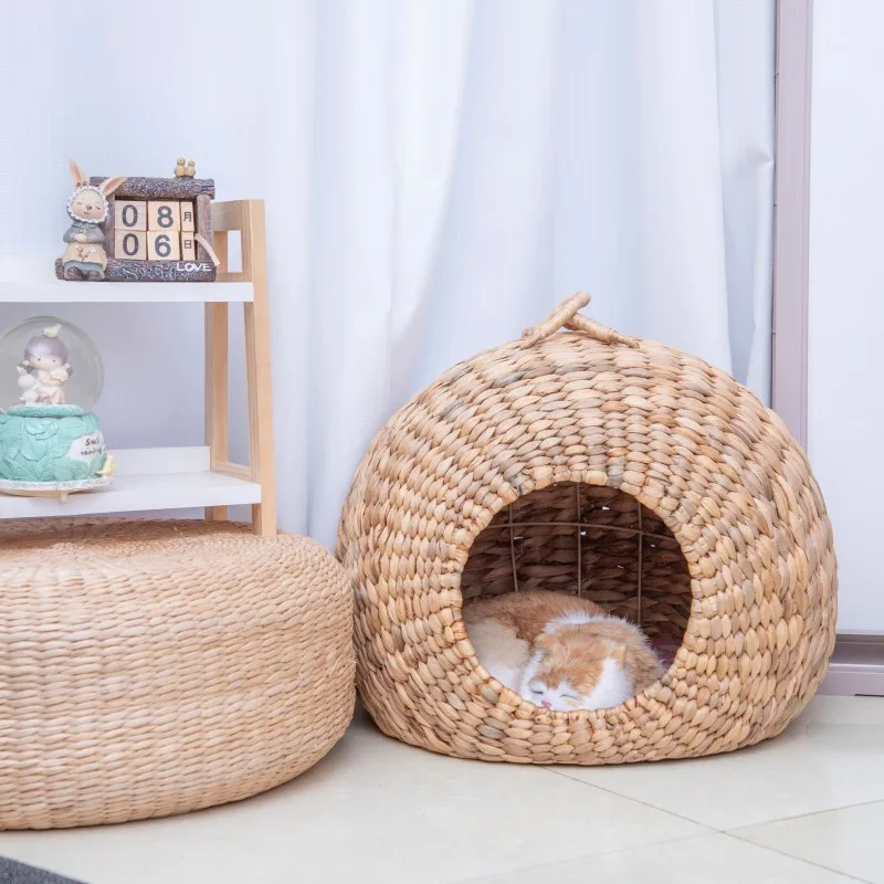 summer-grass-woven-nest-detachable-washable-pet-bed-secure-feeling-house-indoor-use-for-medium-dogs-and-cats